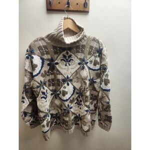 Vintage Express Tricot Hand Knitted Sweater Large Ramie Cotton Argyle Mock Neck